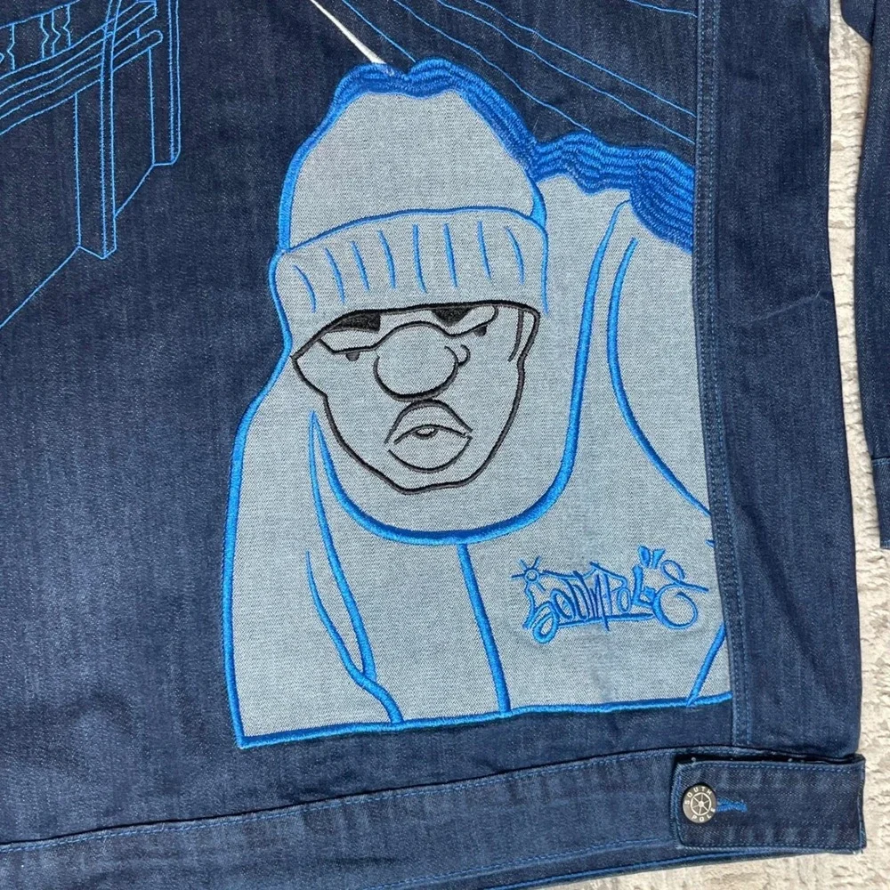 NEW Y2K Southpole Mens Denim Jacket Blue Graphic Embroidered Skate Button MEDIUM